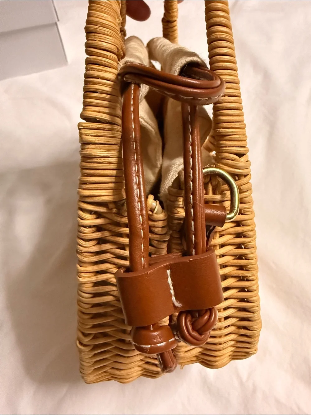 ZARA Woven Rattan Top-Handle Bag with Cream Drawstring Liner (158)